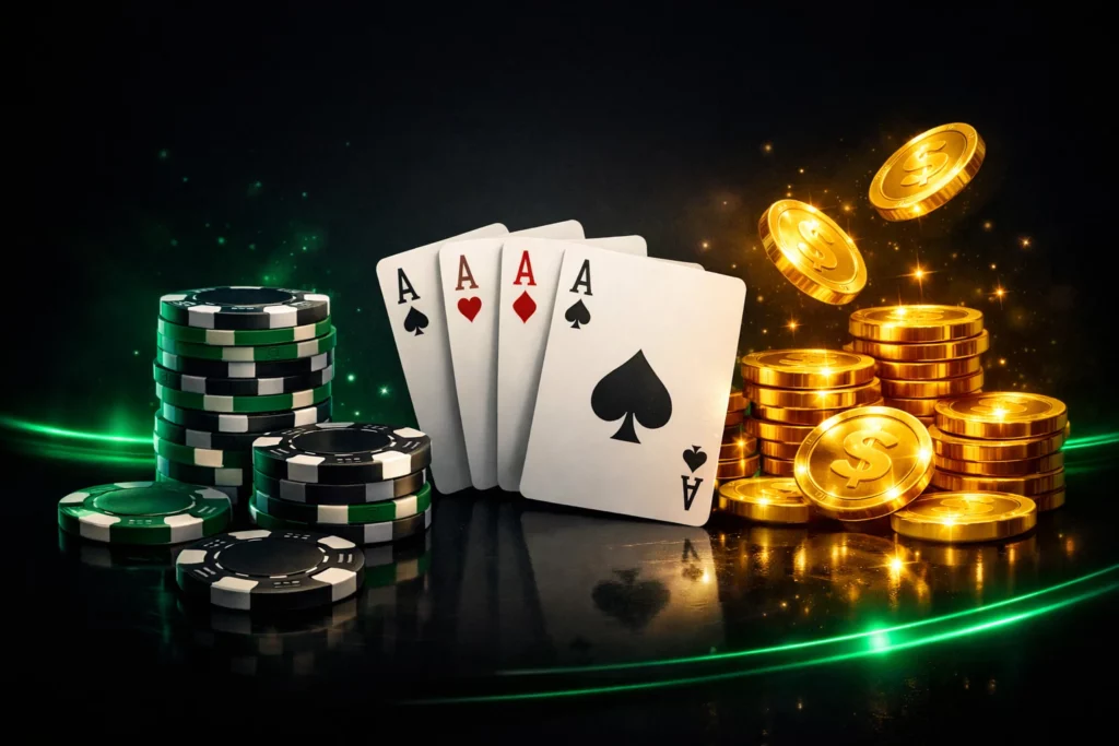 Бонусы BC Poker с покерными фишками, картами, монетами и зелёным свечением