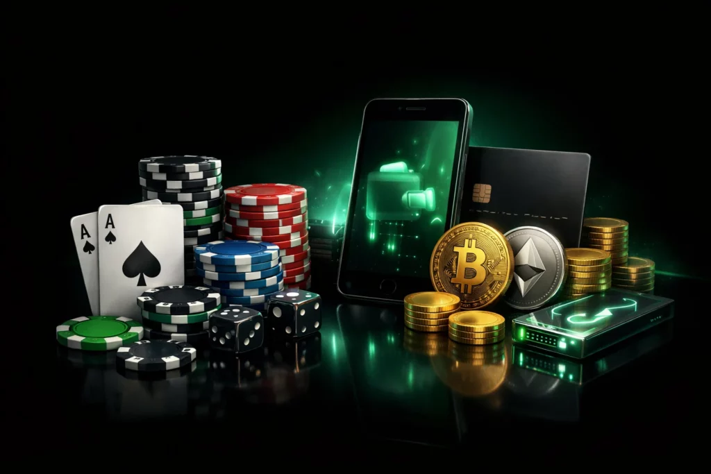Платёжные методы BC Poker с криптовалютой, фишками и зелёной премиальной подсветкой