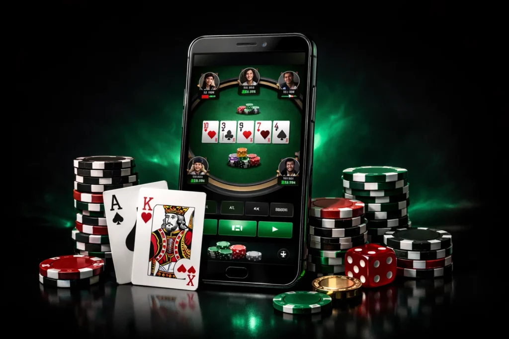 Мобильное приложение BC Poker на смартфоне с покерными столами, фишками и зелёной премиальной подсветкой