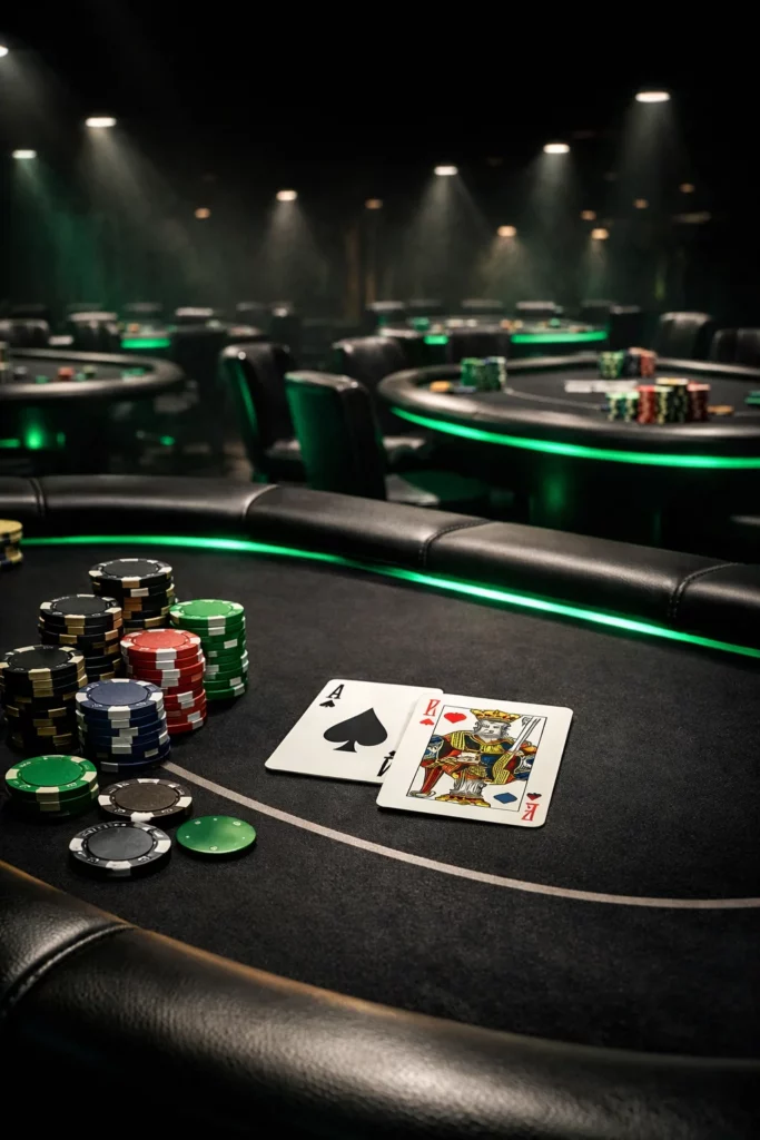 Турнирный стол BC Poker с покерными фишками, картами и зелёной подсветкой на фоне нескольких игровых столов