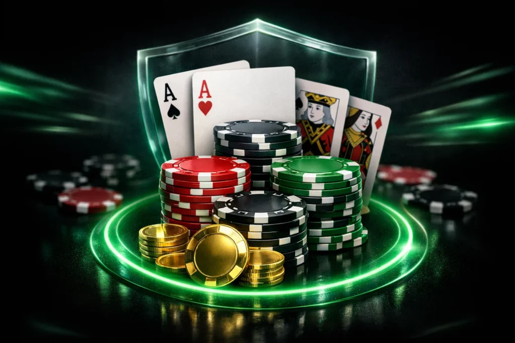 Страховка бай-ина в Spin & Go на BC Poker с фишками, картами, защитным эффектом и зелёной подсветкой