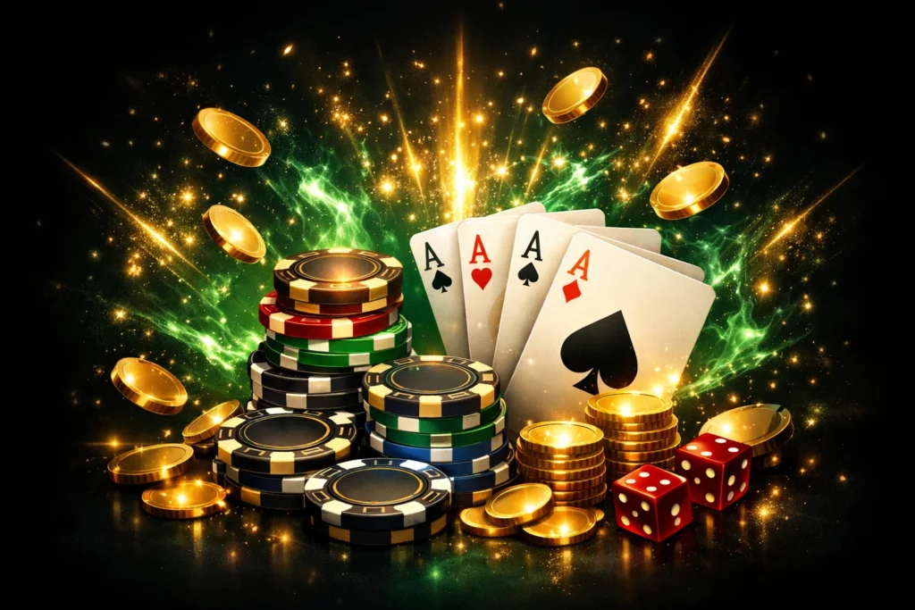 Множители Spin & Go на BC Poker с фишками, картами, крупным призовым эффектом и зелёной премиальной подсветкой