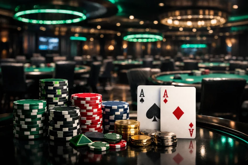 Детали турнира BC Poker с атмосферой игрового лобби, покерными столами, фишками и зелёной премиальной подсветкой